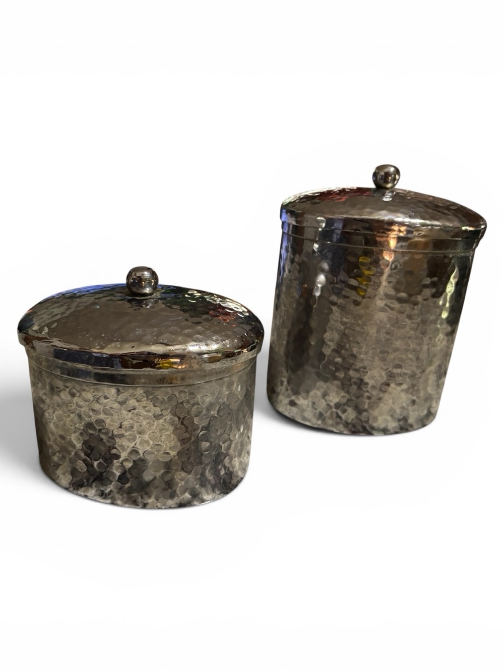 Set of 2 Vintage Hammered Brass Canisters Made in India - Metallic Silver
